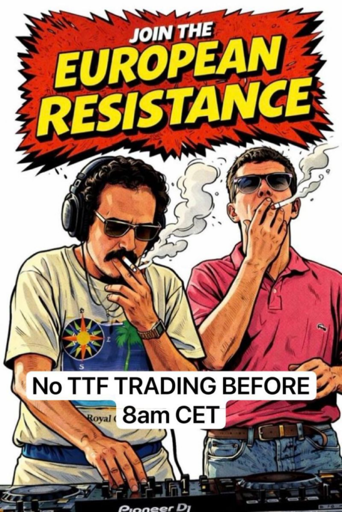 Dutch TTF Gas meme reaction to change in trading hours - 'join the european resistance no ttf trading before 8am CET'
